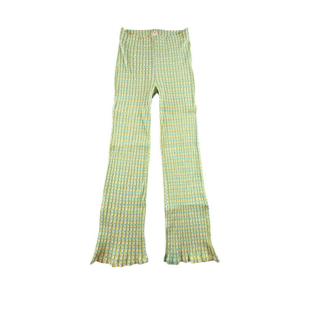 Billabong Womens Green Blue Plaid Ribbed Knit Flare Pants Lettuce Hem Size M